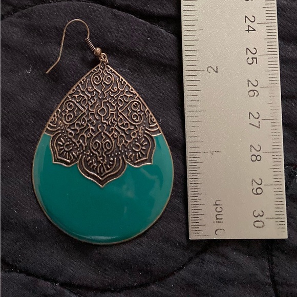 Gold Metal Filigree & Blue Green Teal Teardrop Dangle Earrings 2” - Picture 4 of 5